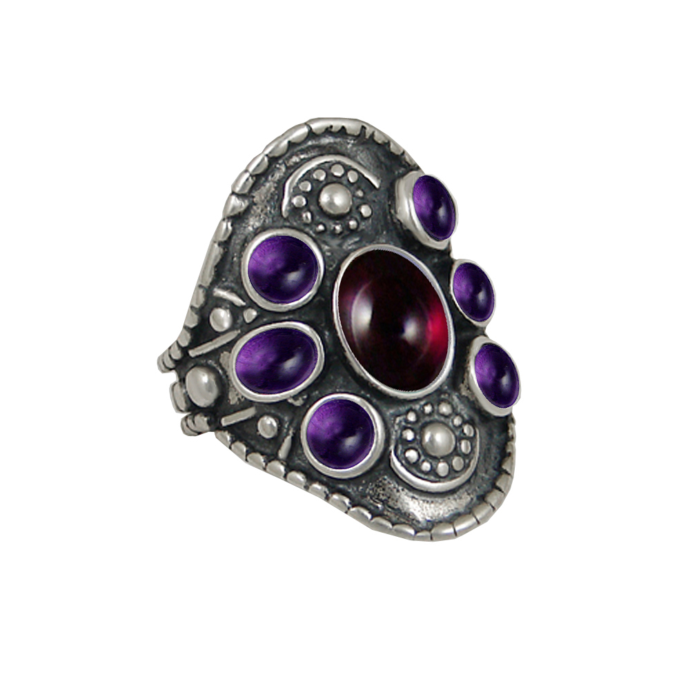 Sterling Silver High Queen's Ring With Garnet And Amethyst Size 7